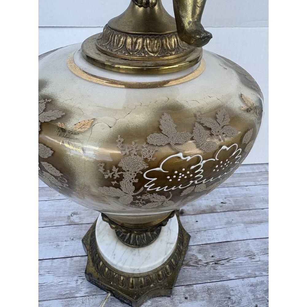 VTG MCM Hollywood Regency Brass Cherub Lamp Iridescent Glass Marble Base Tall